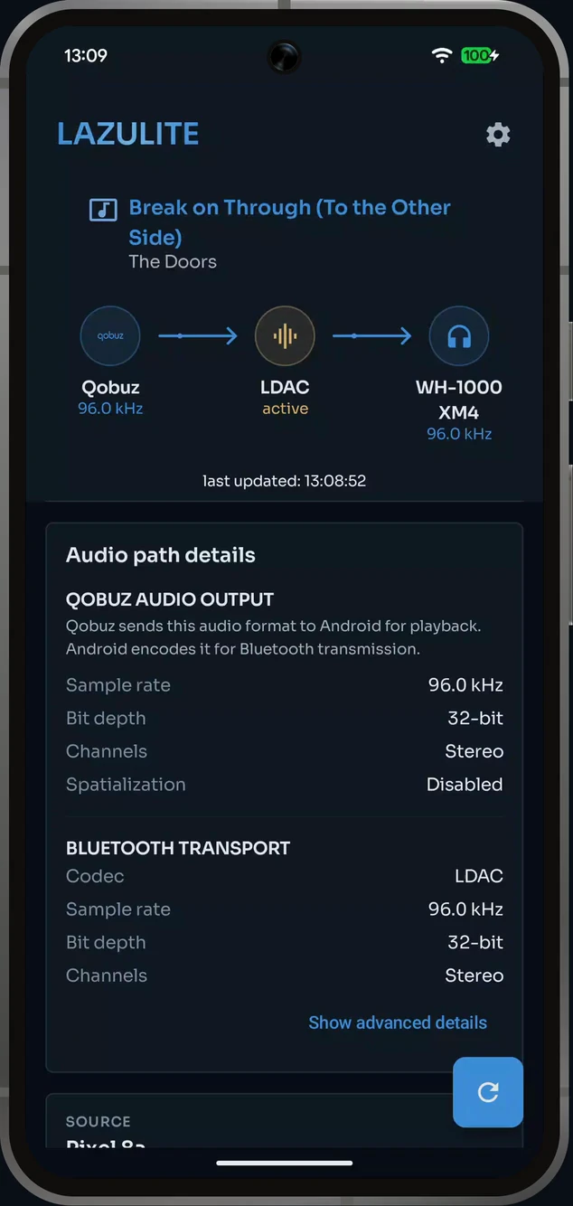 Lazulite Home recording showing LDAC codec details in a Pixel 8 frame