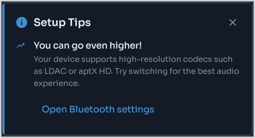 High-resolution setup tip with a shortcut to Bluetooth settings