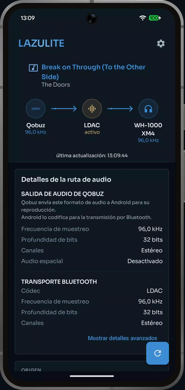 Grabación del inicio de Lazulite con detalles de LDAC y un marco de Pixel 8