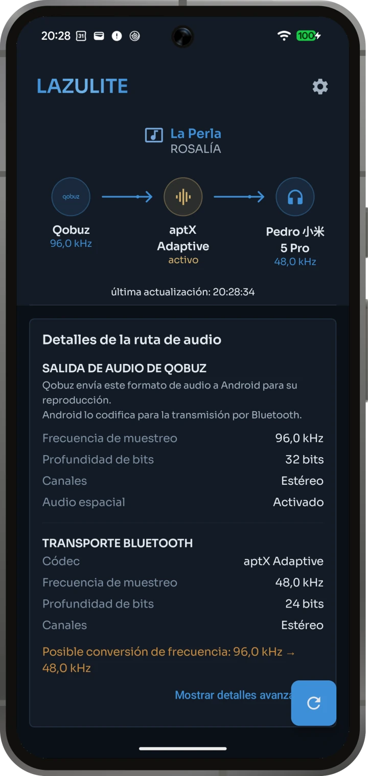 Inicio de Lazulite con el códec aptX Adaptive activo y la ruta de audio Bluetooth
