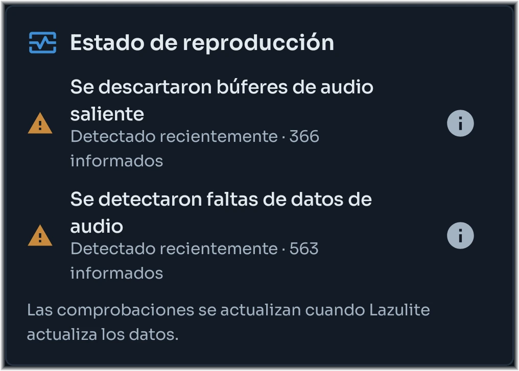Tarjeta de estado de reproducción con nuevos underruns de audio y descartes de búferes de salida