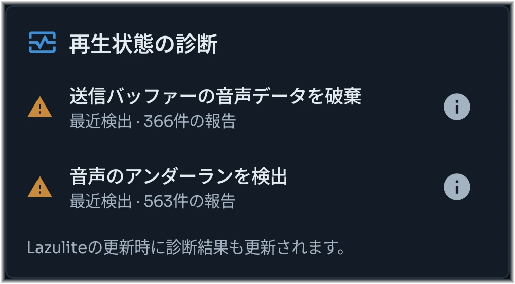 新たに報告された音声のアンダーランと送信バッファーの破棄を表示した再生状態の診断カード