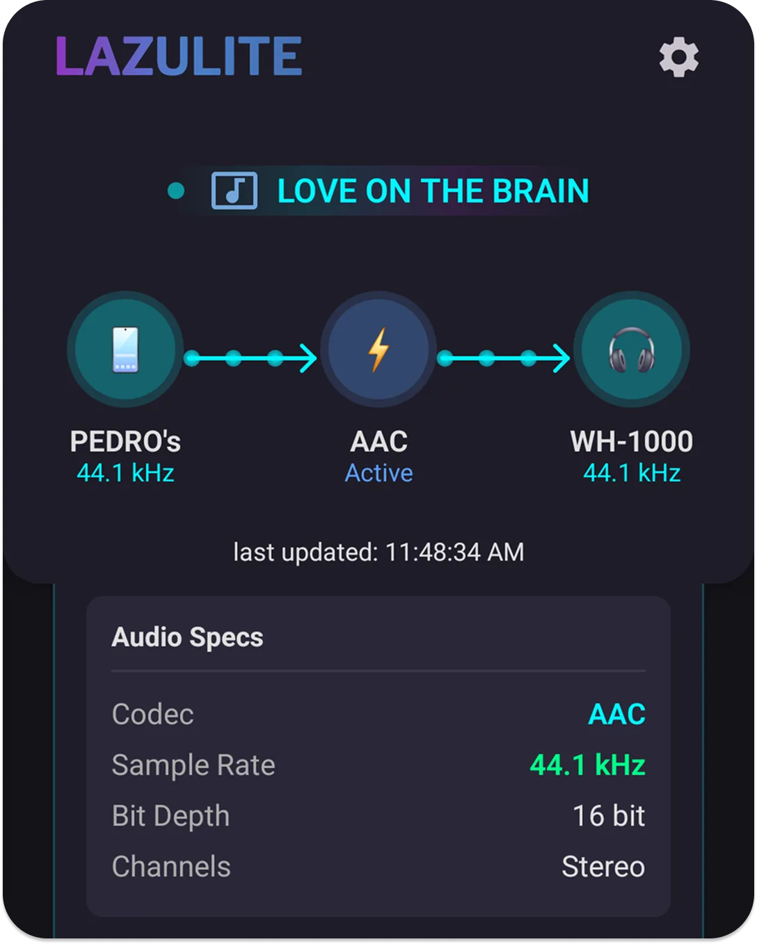Real-time audio codec analysis screen showing LDAC codec details